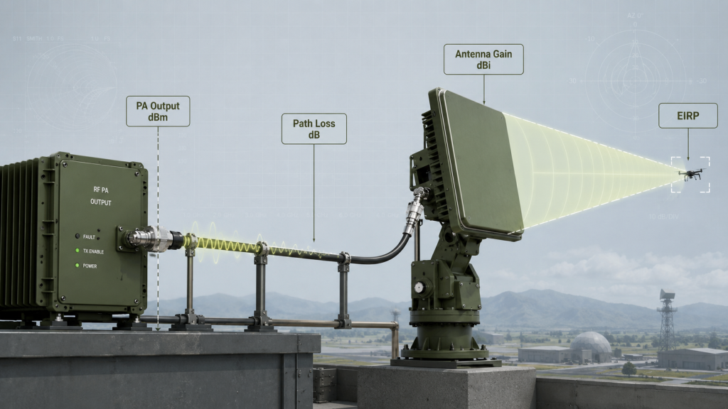 C-UAS System EIRP is calculated from PA output minus RF path loss plus antenna gain in the target antenna direction.