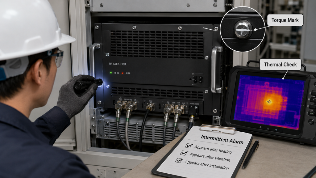 Engineer inspecting an installed RF amplifier cabinet for intermittent alarm, with torque marks and thermal check during troubleshooting.