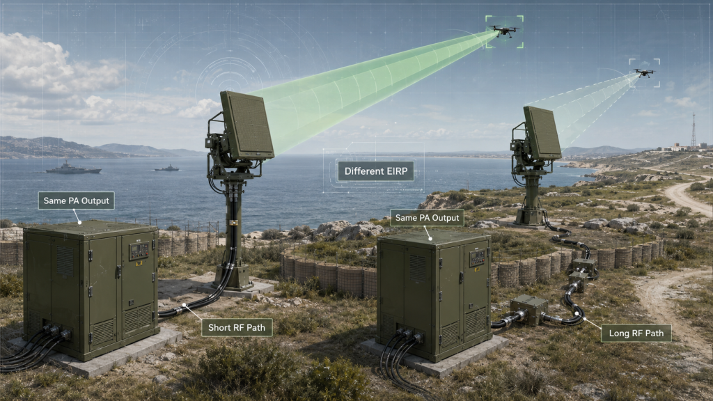 Border and coastline C-UAS deployment showing how long feeders, outdoor RF paths, and directional antennas affect C-UAS System EIRP.