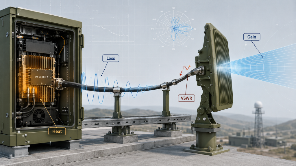 C-UAS System EIRP must be checked with RF path loss, antenna gain, VSWR mismatch, and thermal derating together.