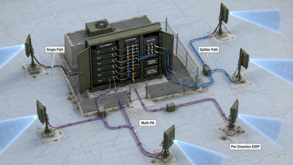 Single-PA, splitter, multi-PA, and multi-antenna paths require separate C-UAS System EIRP review by direction and frequency.