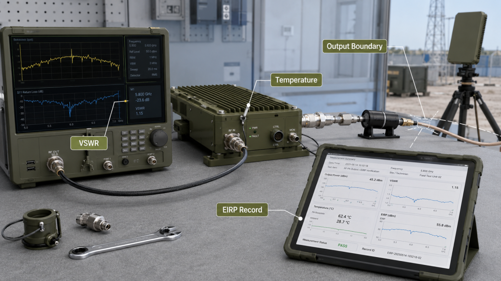 Test evidence for C-UAS System EIRP should record PA output, measurement boundary, VSWR, temperature, and EIRP calculation data.