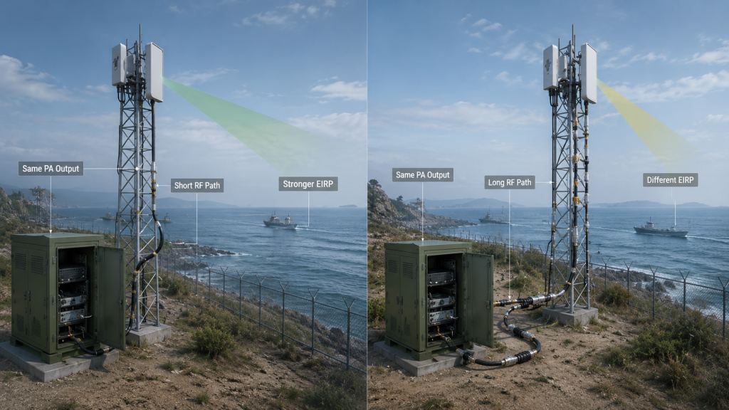 Two C-UAS systems with the same PA output can produce different C-UAS System EIRP because RF path loss and antenna direction change.