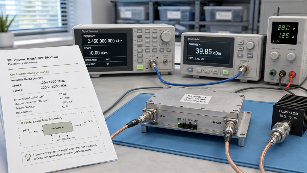 RF Power Amplifier Frequency Range shown on a datasheet beside a module-level test bench with signal generator, power meter, and dummy load.