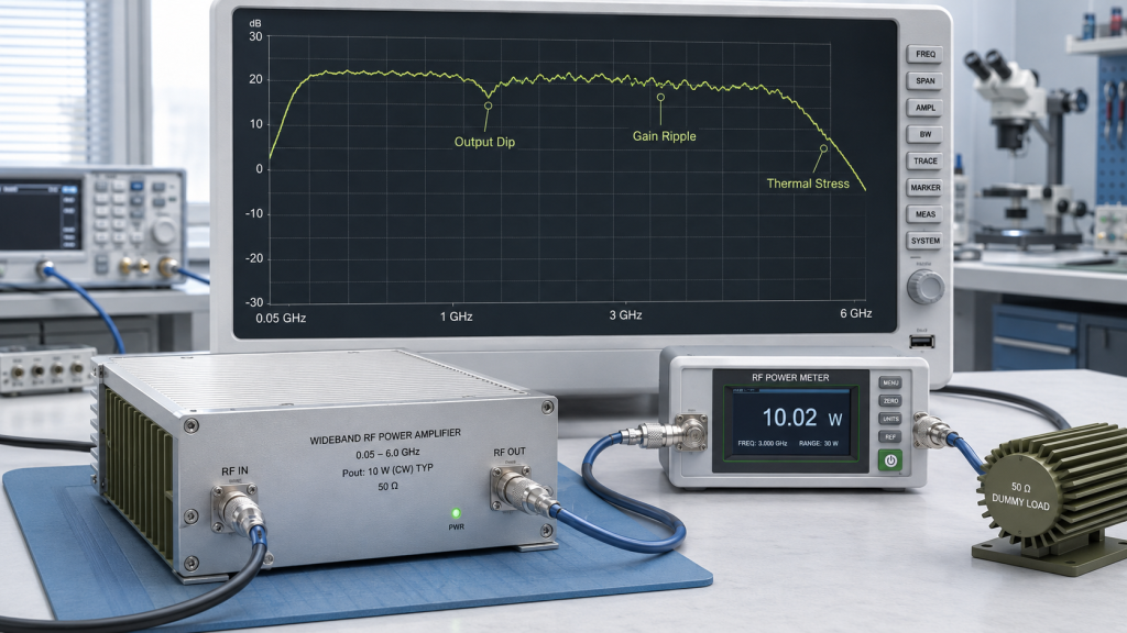 Wideband RF Power Amplifier Frequency Range test showing output dip, gain ripple, and thermal stress across the rated band.