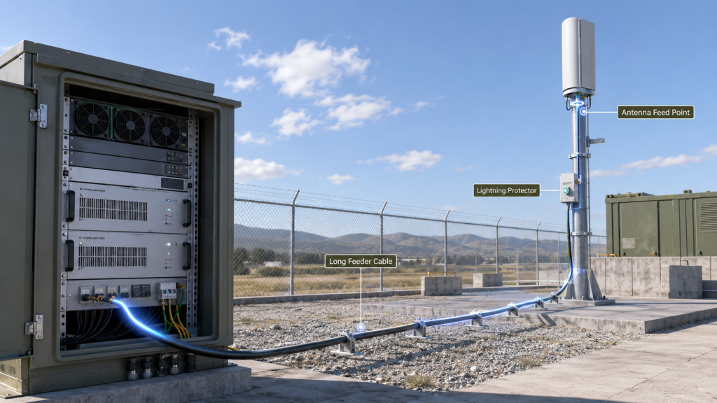 Fixed-site C-UAS RF chain with cabinet, long feeder cable, lightning protector, and antenna affecting effective frequency range.