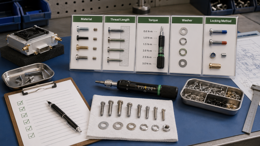 RF amplifier pre-integration screw checklist showing material, thread length, torque, washers, and locking method.