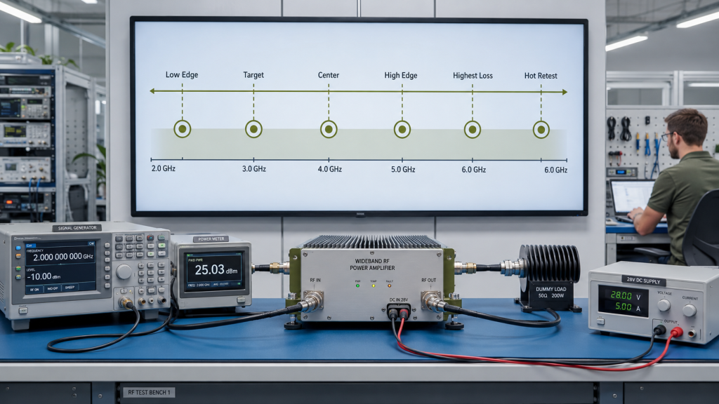 RF Power Amplifier Frequency Range test plan showing low edge, target points, center point, high edge, and hot-state retest.