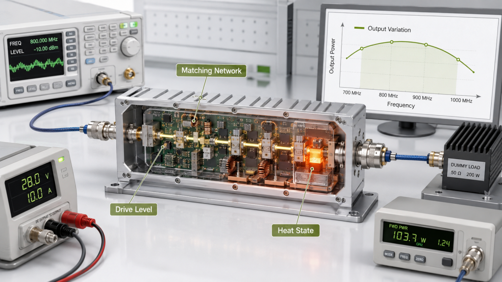 RF output power variation across frequency range caused by matching network, drive level, heat state, and load conditions.