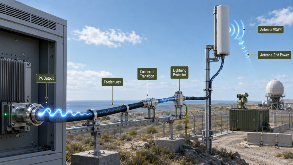 C-UAS antenna and feeder path showing how feeder loss, connector transition, lightning protection, and VSWR narrow effective frequency range.
