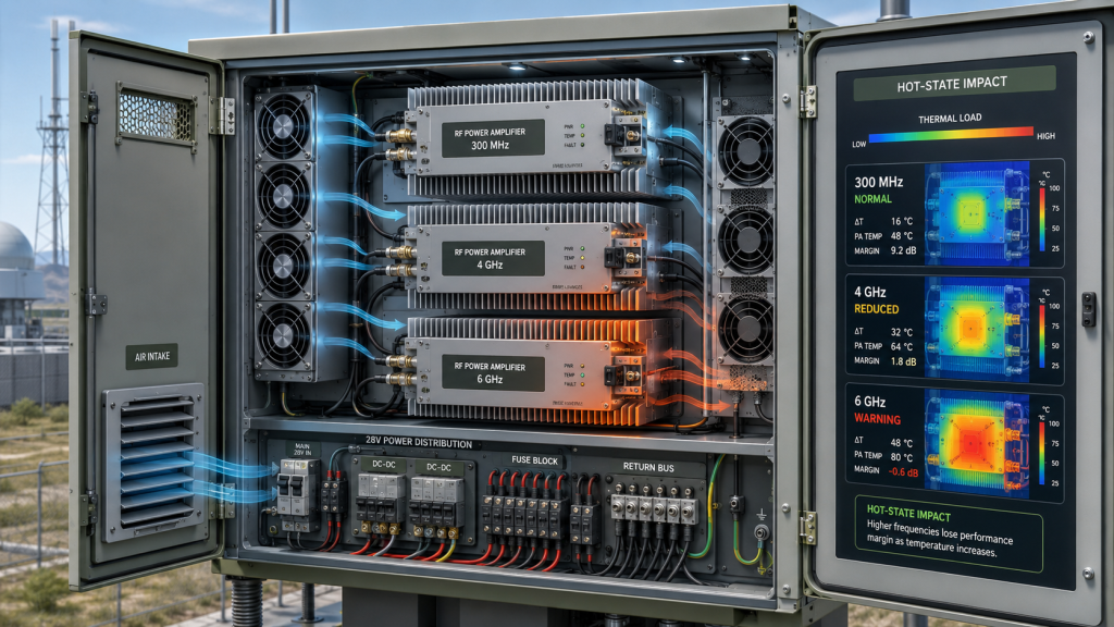 Hot-state RF Power Amplifier Frequency Range test showing cabinet heat, thermal load, output drift, and protection limit.