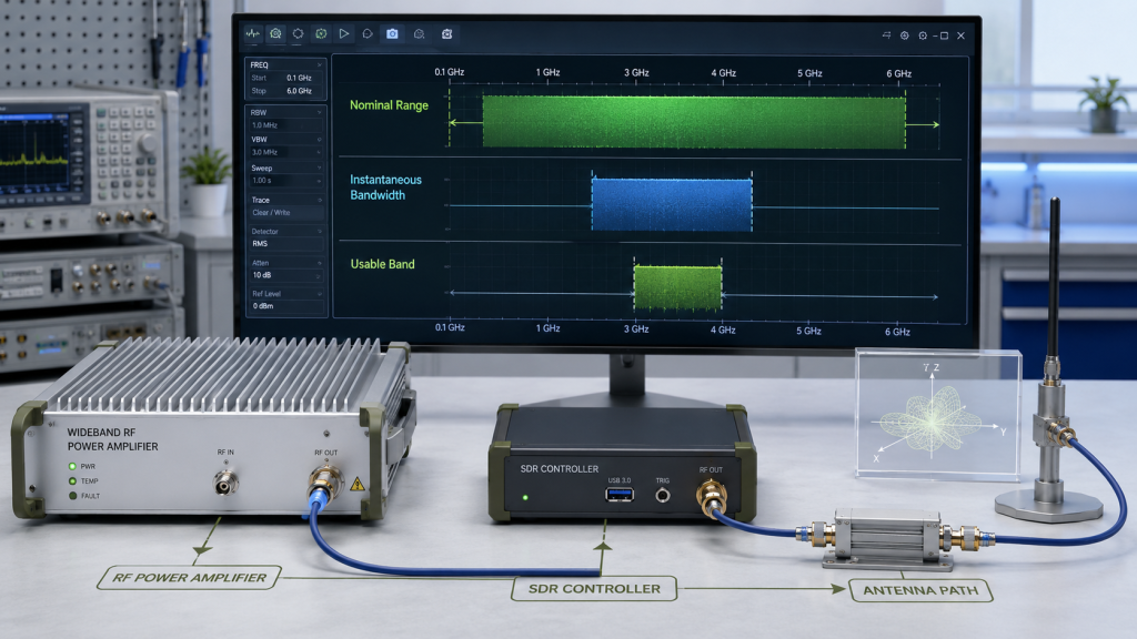 Engineering diagram comparing nominal frequency range, instantaneous bandwidth, and usable RF band in a C-UAS system.