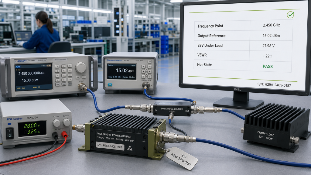 RF PA test bench and report proving effective frequency band with frequency point, output reference, 28V load, VSWR, hot-state data, and S/N record.