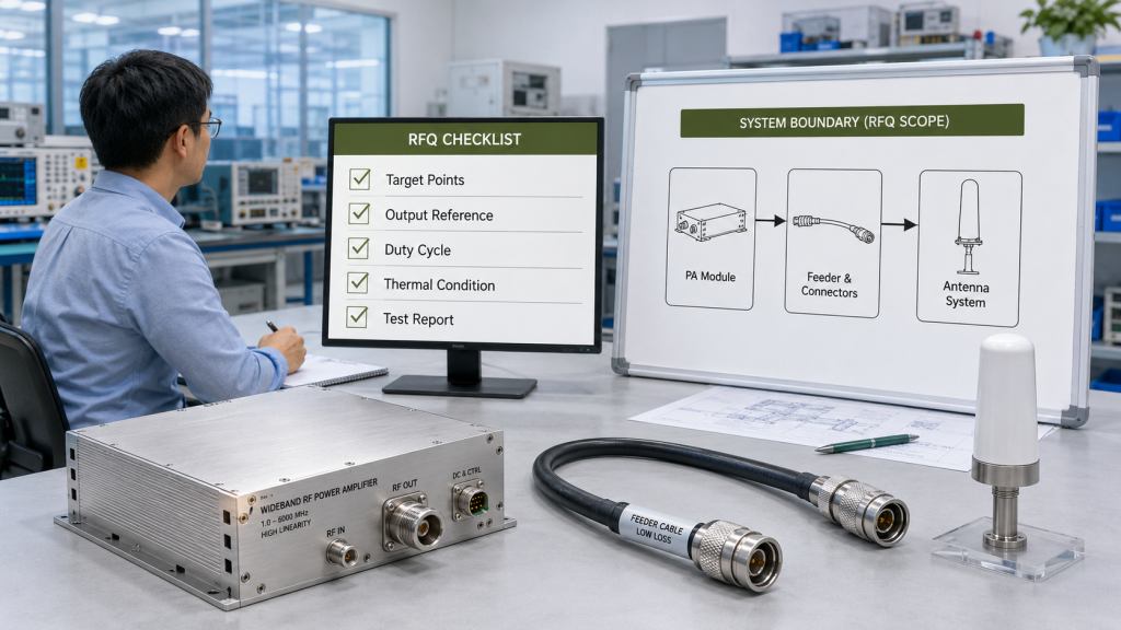 RFQ review for C-UAS RF PA frequency range including target points, output reference, duty cycle, thermal condition, antenna path, and test report.
