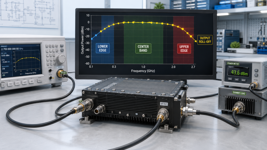 RF power amplifier frequency range band edge output weakness shown by frequency sweep with lower edge center band and upper edge roll-off in lab test setup