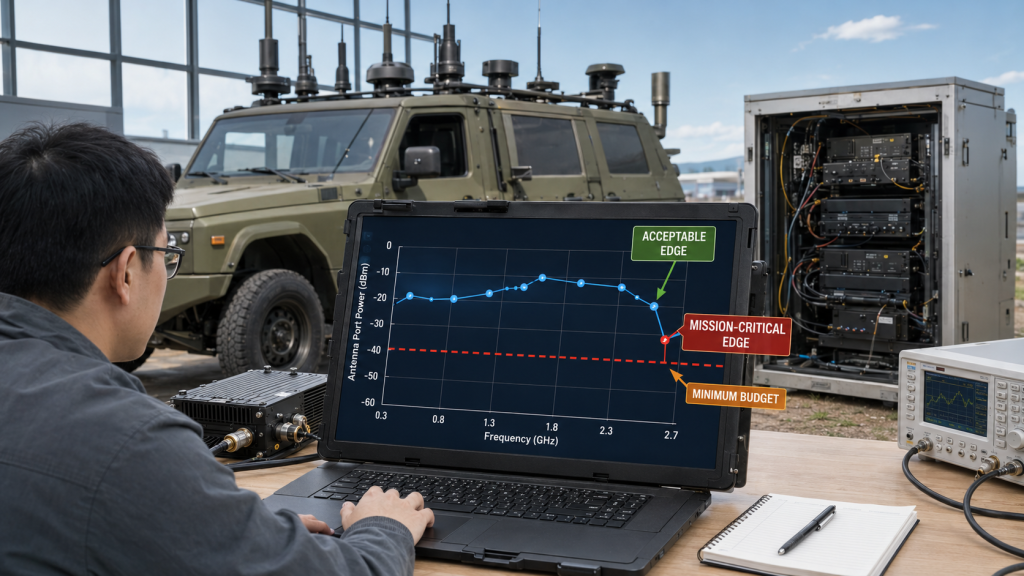 RF power amplifier frequency range edge loss evaluation showing acceptable and mission critical edge output compared against system power budget in C-UAS deployment