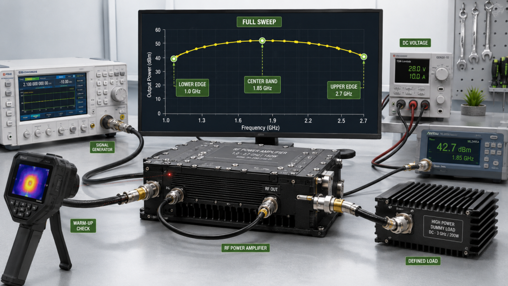 RF power amplifier frequency range full sweep test showing lower edge center and upper edge output measurement under defined load voltage and temperature conditions