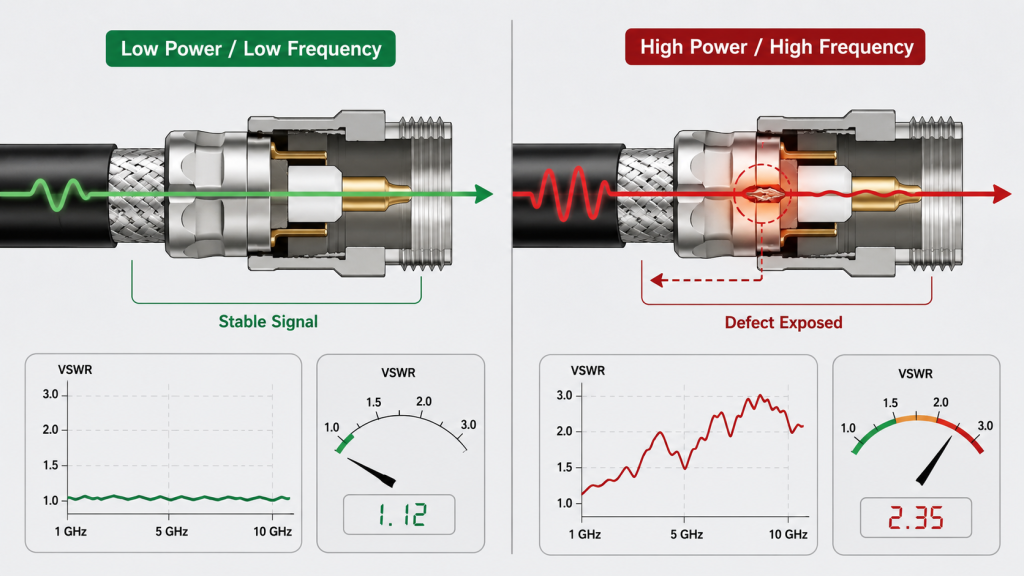 High power and high frequency RF testing exposes connector crimping defects and VSWR instability.
