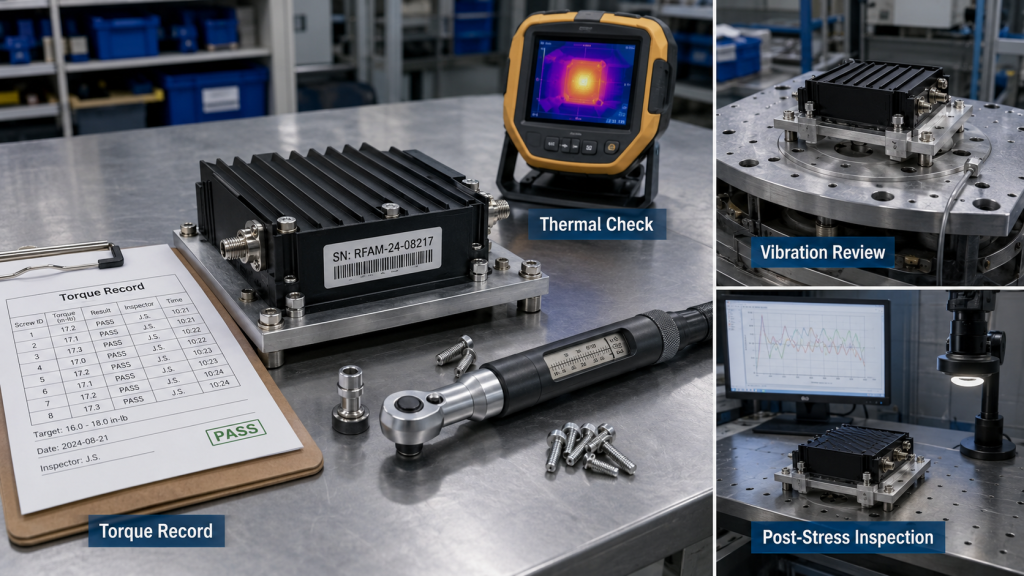 Factory QA station inspecting RF amplifier screws with torque record, thermal check, vibration review, and post-stress inspection.