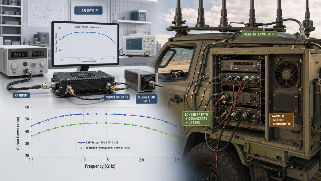RF power amplifier frequency range comparison between datasheet lab conditions and real installed vehicle C-UAS system showing reduced usable output after installation losses