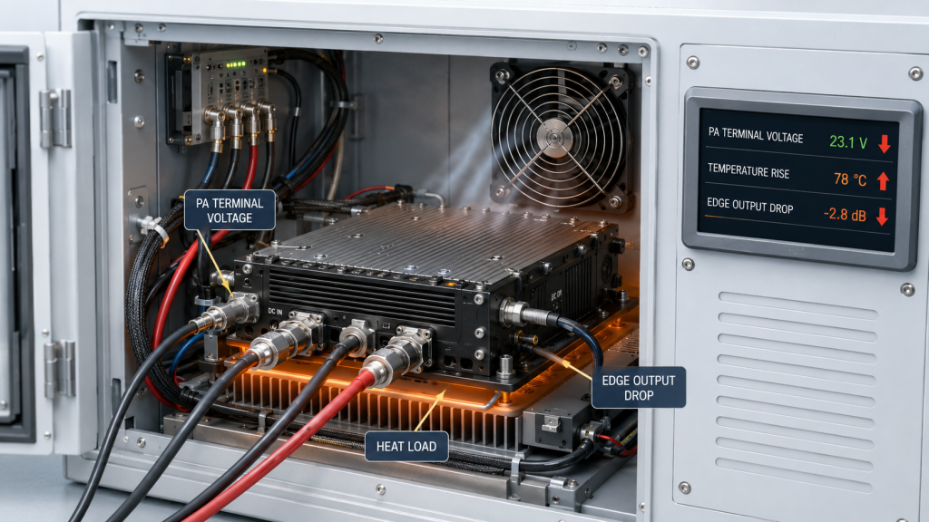RF power amplifier frequency range edge margin compression caused by heat load and DC supply voltage drop inside compact vehicle RF cabinet with reduced output stability