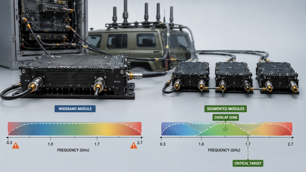 RF power amplifier frequency range system architecture comparison showing wideband module versus segmented modules with overlap zones for improved C-UAS coverage and reduced edge risk