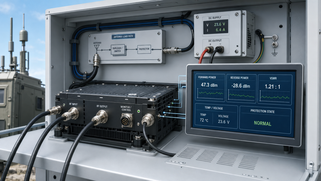 RF power amplifier frequency range diagnostic feedback system showing forward power reverse power VSWR temperature and voltage data used to identify edge frequency performance issues