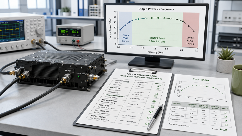 RF power amplifier frequency range RFQ approval checklist defining edge frequency test points minimum output voltage VSWR and repeatable test report requirements before module selection