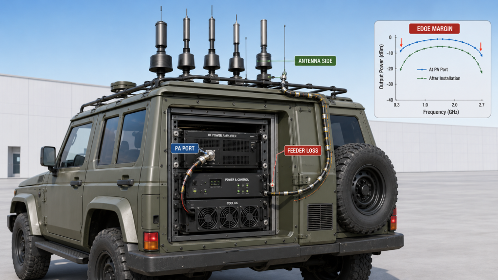RF power amplifier frequency range degradation in vehicle mounted C-UAS RF chain showing PA module feeder cable loss antenna side output reduction and system installation impact