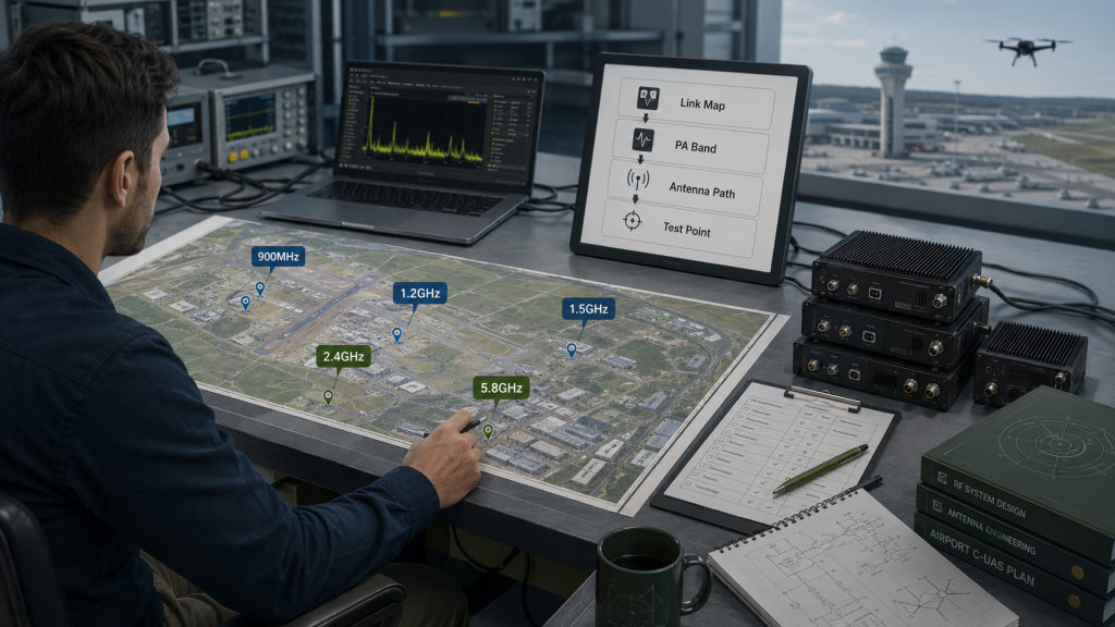 Airport RF engineering desk showing drone link mapping, frequency points and RF PA module selection workflow before system design