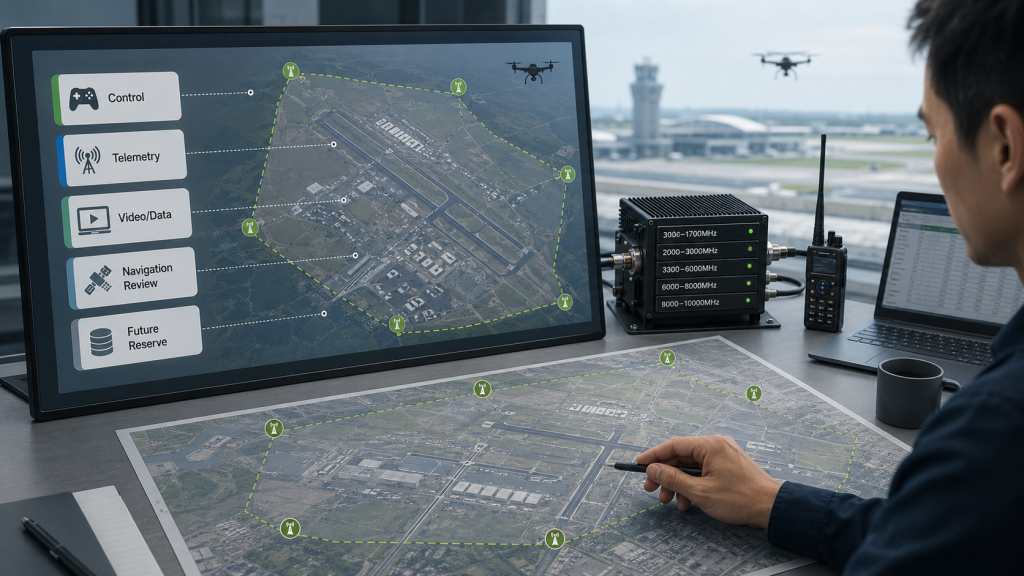 Airport C-UAS engineering map showing drone link classification into control telemetry video and navigation related categories before RF PA allocation