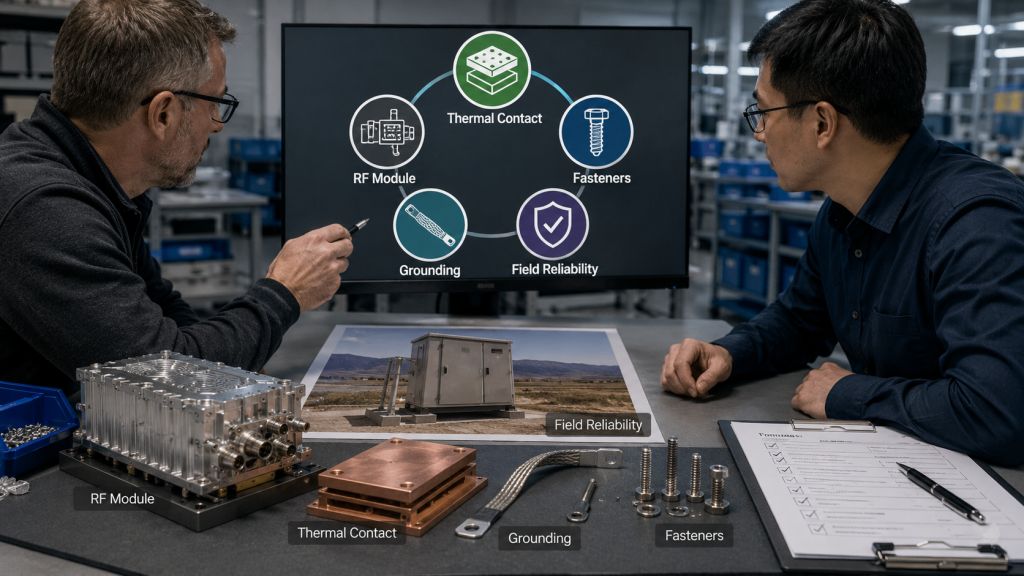 Source factory engineering review of RF amplifier fastener risks, including thermal contact, grounding, fasteners, and field reliability.