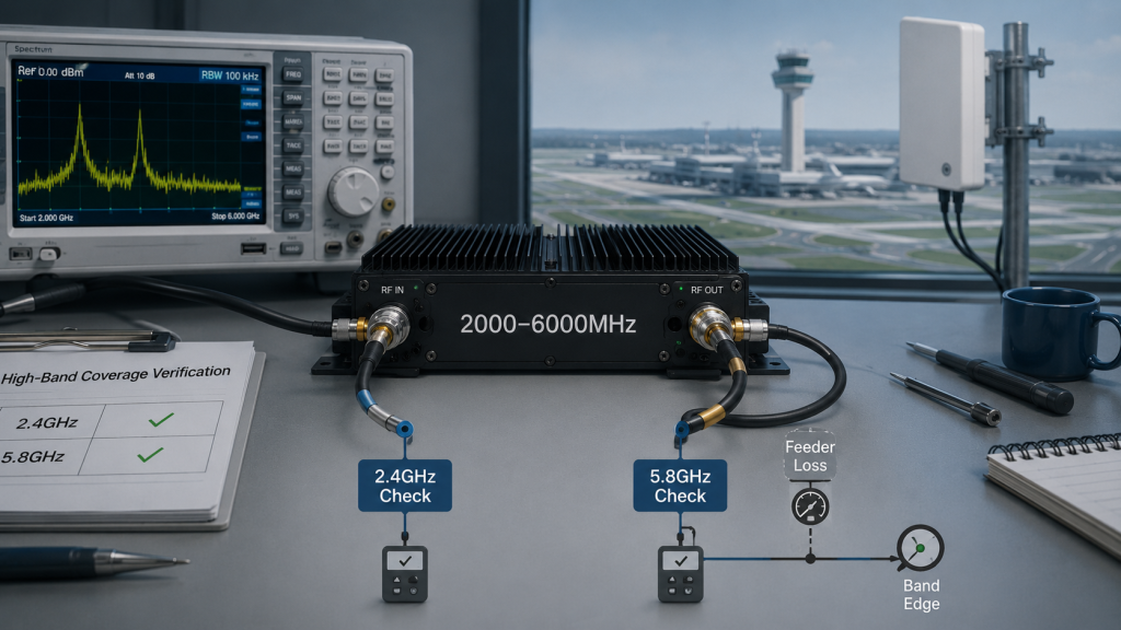 High band RF power amplifier coverage verification comparing 2.4GHz and 5.8GHz paths with feeder loss and band edge behavior analysis
