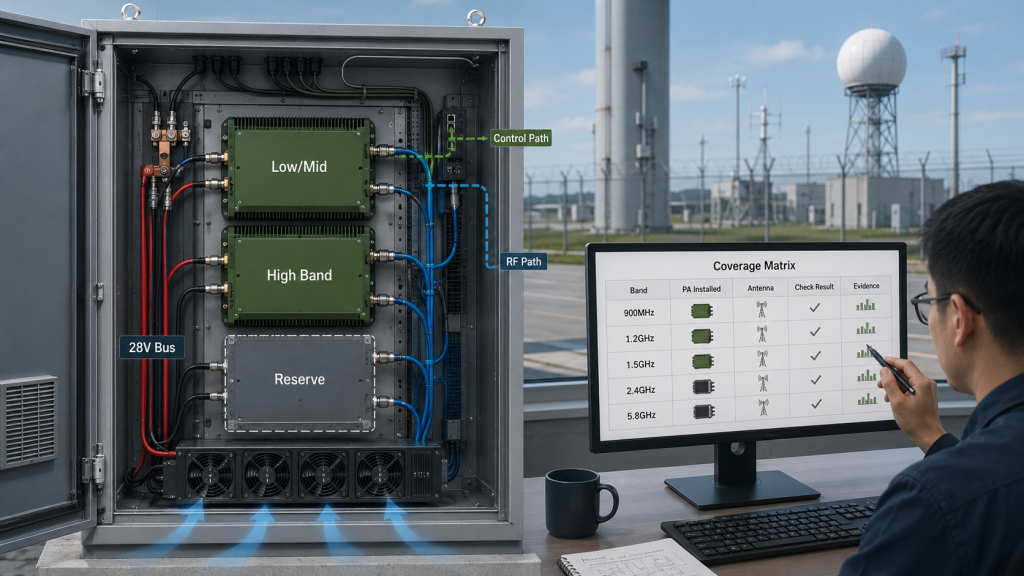 Airport C-UAS RF cabinet showing low mid band high band and reserve RF power amplifier modules selected based on coverage matrix evidence