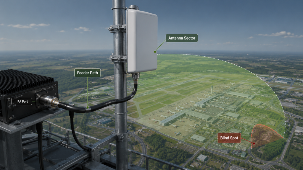 RF power amplifier output connected through feeder and antenna sector showing how antenna path changes airport perimeter coverage map and creates blind spots