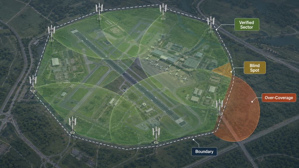 Airport perimeter RF coverage map showing verified sectors blind spots and over coverage areas demonstrating controlled C-UAS RF planning boundaries