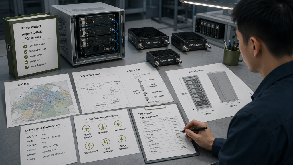 RF power amplifier source factory engineering desk reviewing RFQ package including frequency map antenna path output reference duty cycle and S/N test report