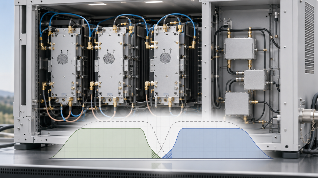 RF PA cabinet showing module band transitions and hidden frequency gaps in a multi-band C-UAS system