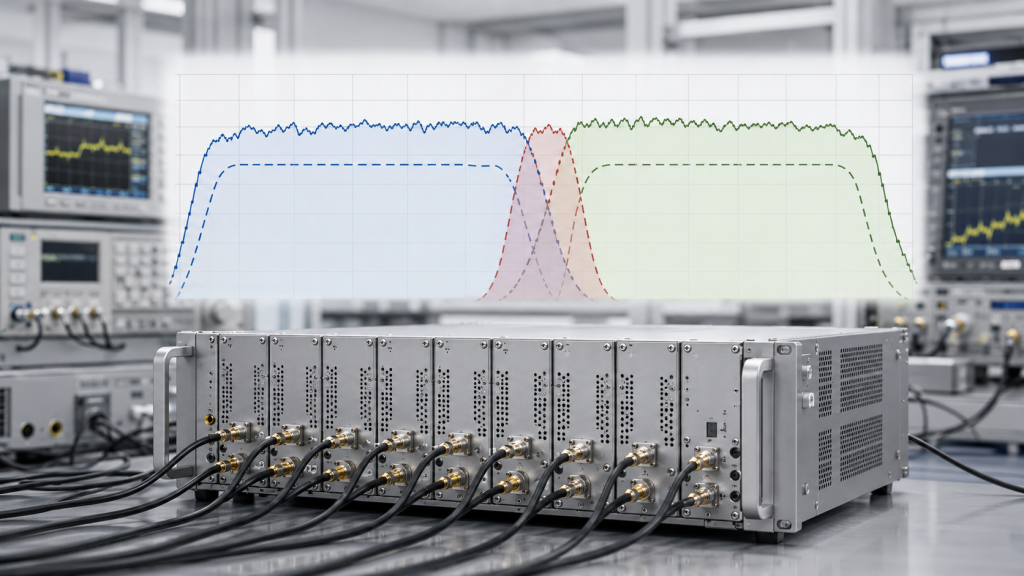 RF PA test setup showing how rated bands can hide frequency gaps at module edges and transition points