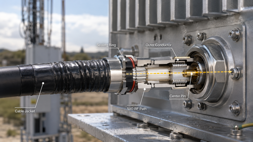 Waterproof RF connectors sealing on an outdoor RF power amplifier system to protect the 50 ohm RF path from moisture.