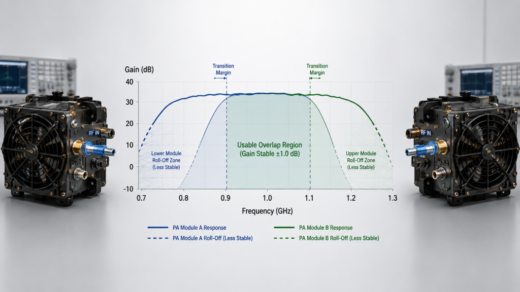 RF PA module overlap diagram showing usable transition margin and unstable frequency gaps between adjacent bands