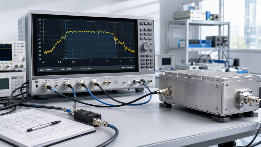 RF test bench measuring transition points to verify whether critical frequency gaps exist between PA bands