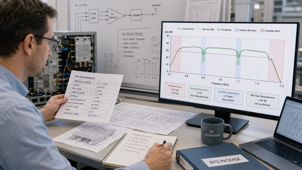 Engineer reviewing RFQ requirements for frequency gaps, overlap margins, transition tests, and protected bands