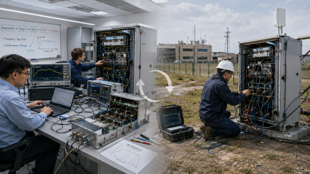Source factory RF testing and field integration support for reducing frequency gaps in C-UAS systems