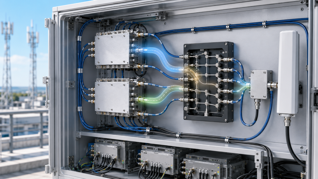 RF cabinet showing filter roll-off and switching logic that can create hidden frequency gaps in the signal path