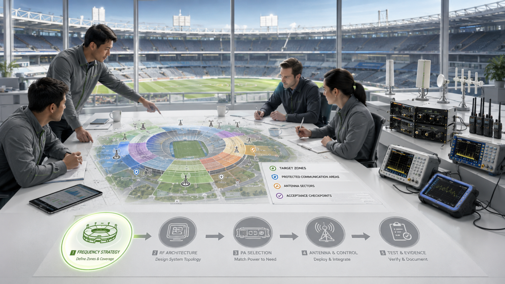 Engineers define C-UAS Frequency Strategy on a stadium map before selecting RF PA modules and antenna paths