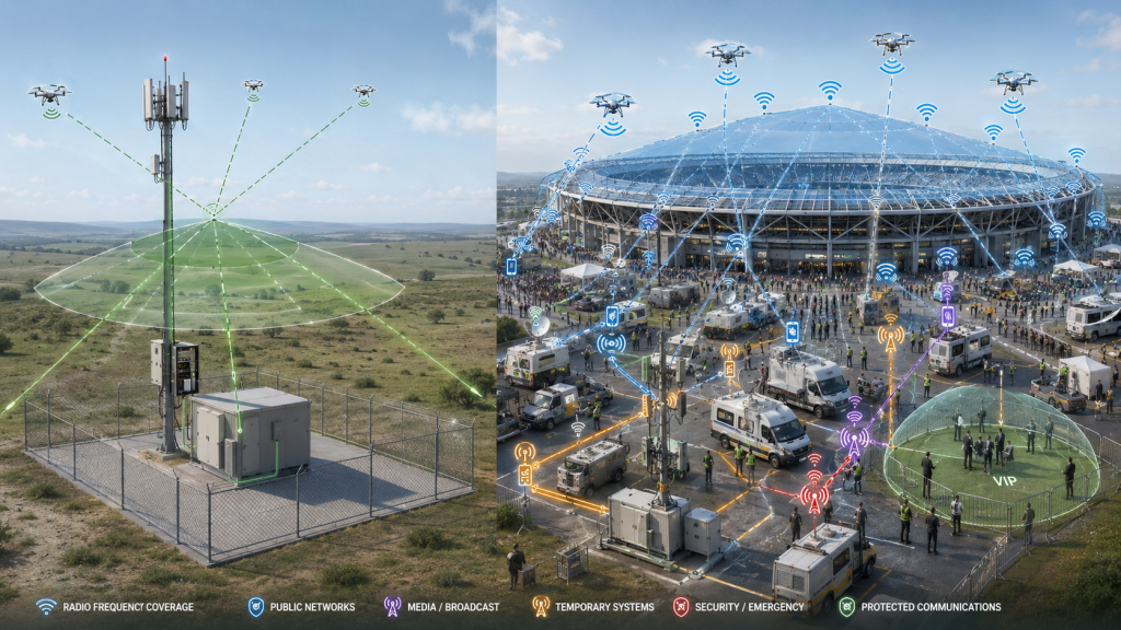 Comparison of a simple fixed site and a dense large venue showing why C-UAS Frequency Strategy must adapt to RF complexity