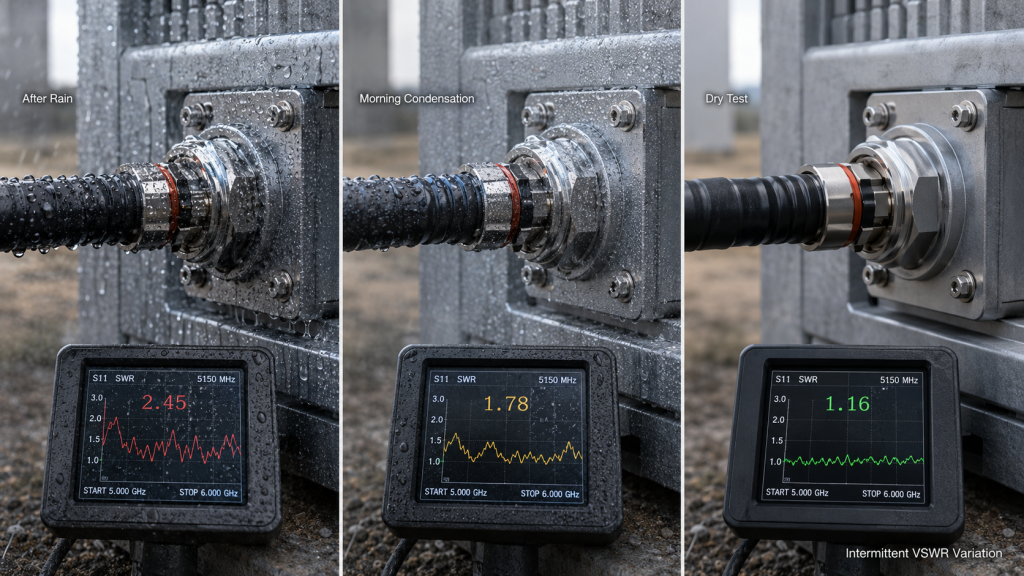 Water ingress in an outdoor RF connector causing intermittent VSWR alarm in an RF power amplifier system after rain.