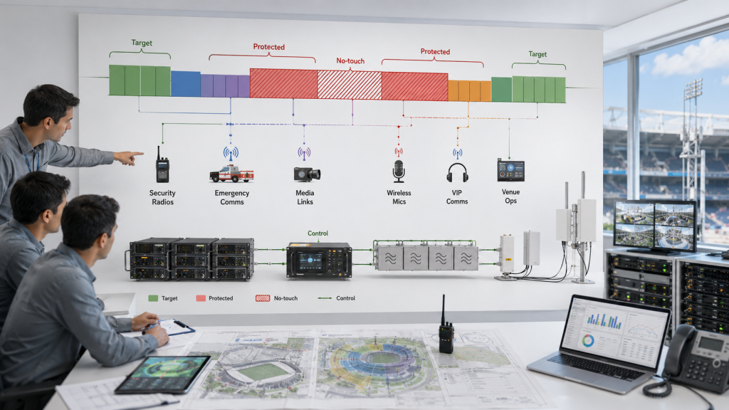 Protected-band planning in C-UAS Frequency Strategy defines no-touch venue communications before PA frequency range selection