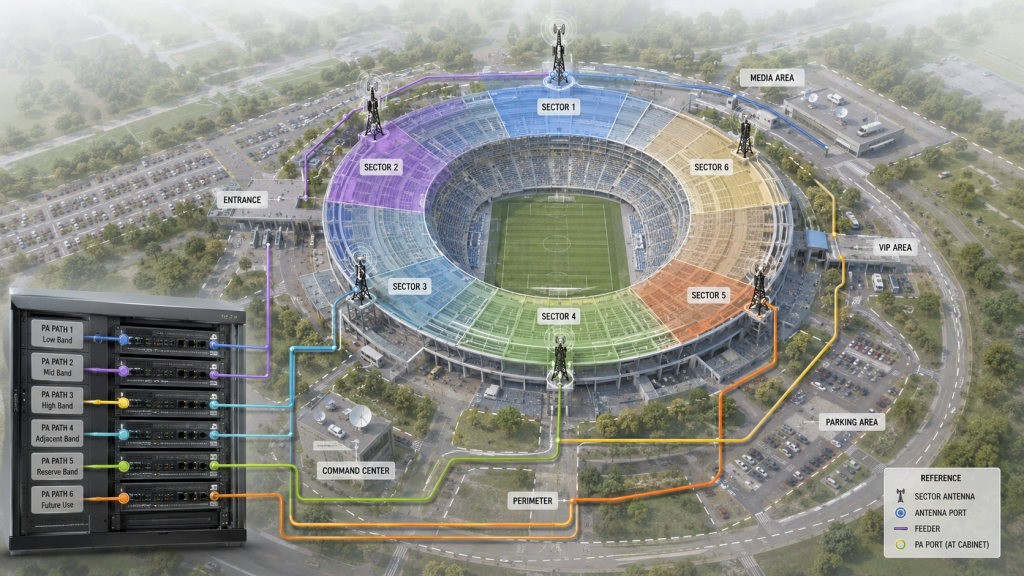 C-UAS Frequency Strategy links antenna sectors, venue zones, feeder paths, and PA paths around a stadium perimeter